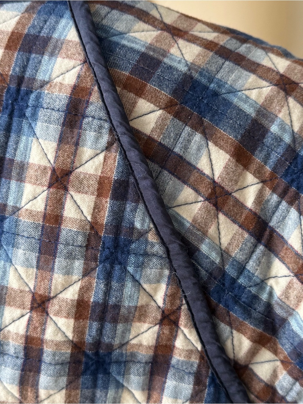 DOEN Sur Longline Jacket • Quilted Belleville Plaid in Navy, Brown & Cream - Picture 6 of 7
